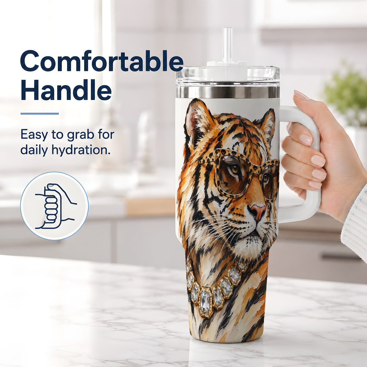 #pl[40oz|White] Preppy Tiger 40oz Stainless Steel Tumbler, Jewelry Portrait Design