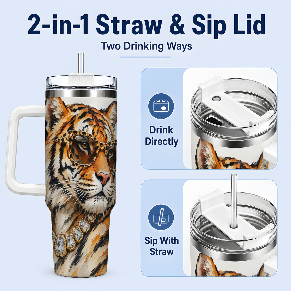 #pl[40oz|White] Preppy Tiger 40oz Stainless Steel Tumbler, Jewelry Portrait Design