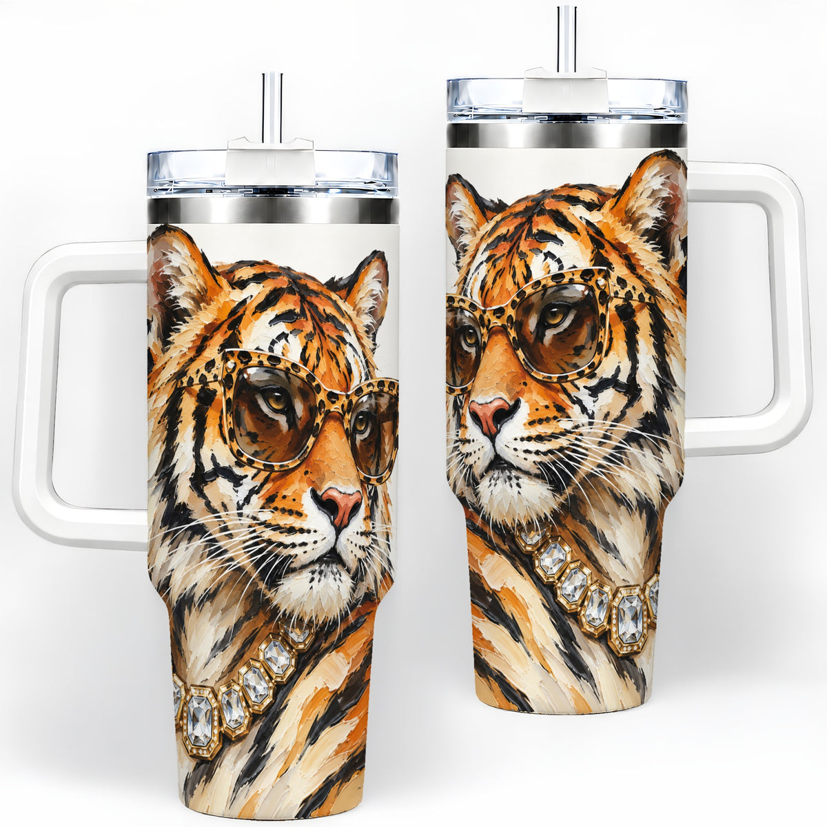 Preppy Tiger 40oz Stainless Steel Tumbler, Jewelry Portrait Design
