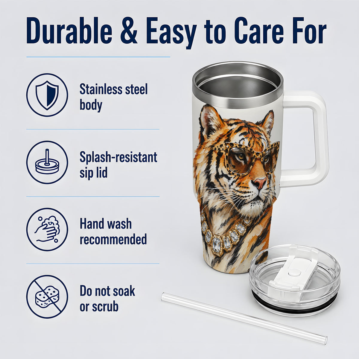 #pl[40oz|White] Preppy Tiger 40oz Stainless Steel Tumbler, Jewelry Portrait Design