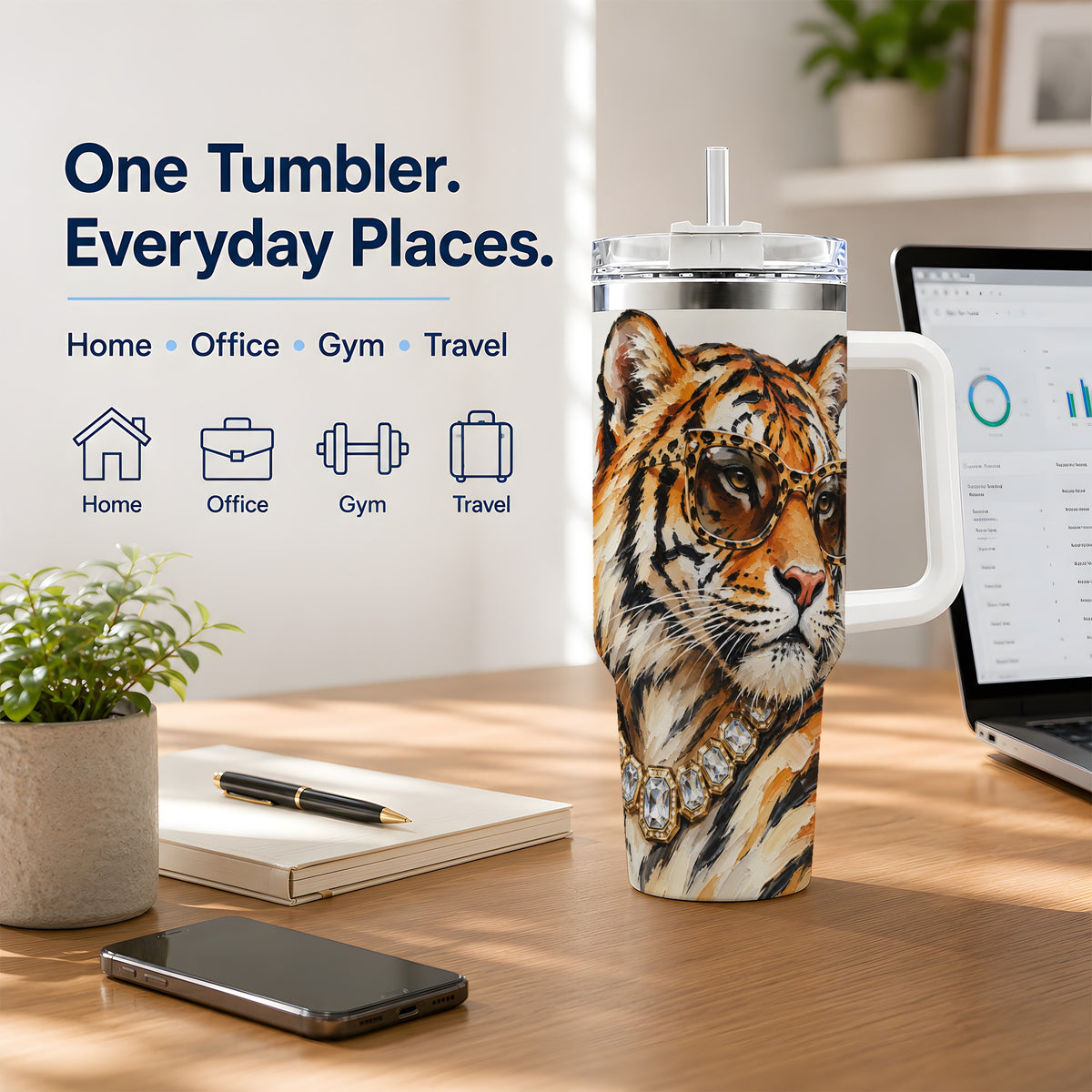 #pl[40oz|White] Preppy Tiger 40oz Stainless Steel Tumbler, Jewelry Portrait Design