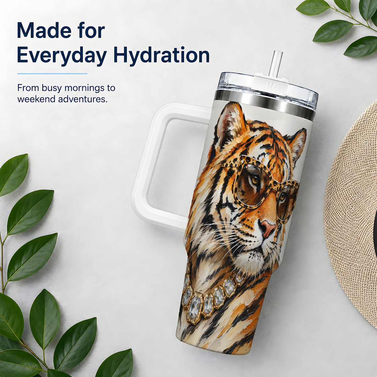 #pl[40oz|White] Preppy Tiger 40oz Stainless Steel Tumbler, Jewelry Portrait Design