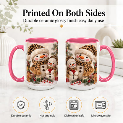 #pl[15oz|Pink] Crochet Style Snowman Christmas Mug, Ceramic Mug with Leopard Art
