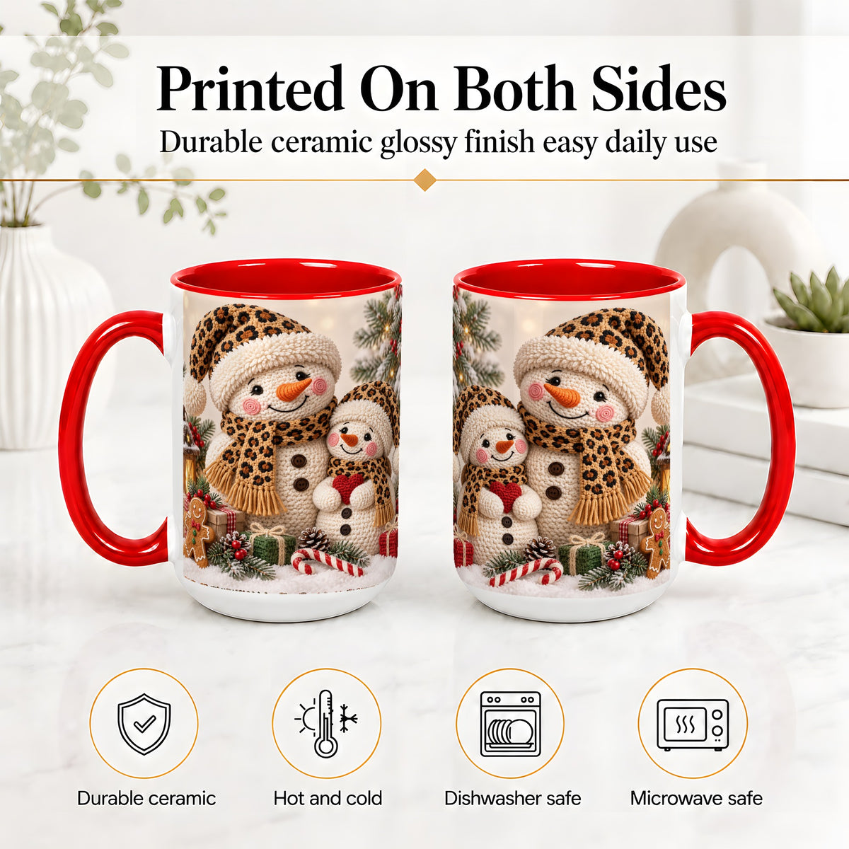 #pl[15oz|Red] Crochet Style Snowman Christmas Mug, Ceramic Mug with Leopard Art