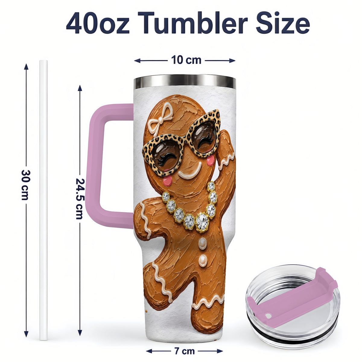 #pl[40oz|Pink] Christmas Gingerbread 40oz Stainless Steel Tumbler, Peppermint Art