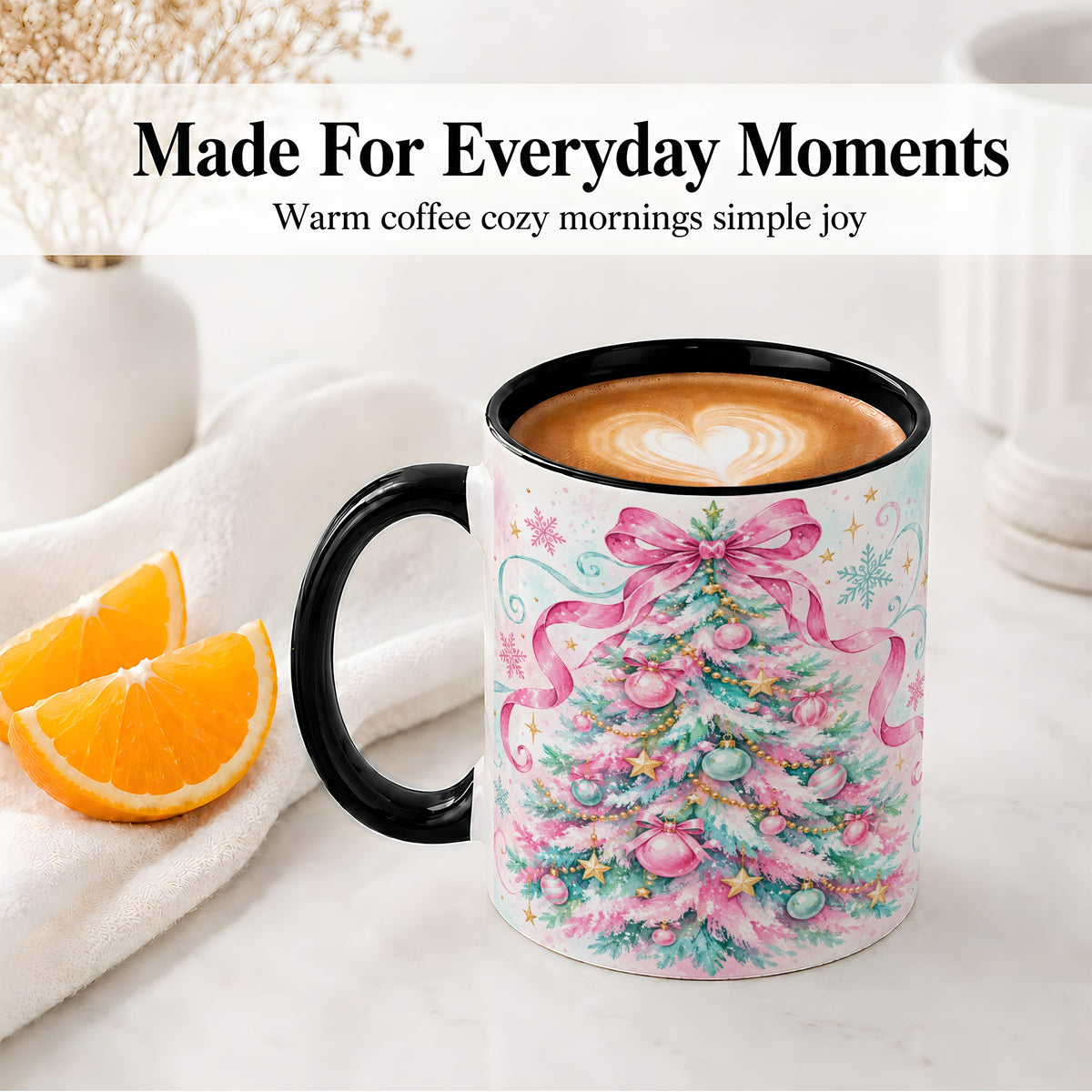 #pl[11oz|Black] Pastel Christmas Tree Ceramic Mug, Pink Bow and Snowflake Artwork
