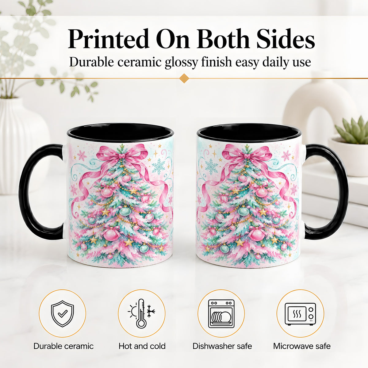 #pl[11oz|Black] Pastel Christmas Tree Ceramic Mug, Pink Bow and Snowflake Artwork