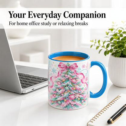 #pl[11oz|Blue] Pastel Christmas Tree Ceramic Mug, Pink Bow and Snowflake Artwork