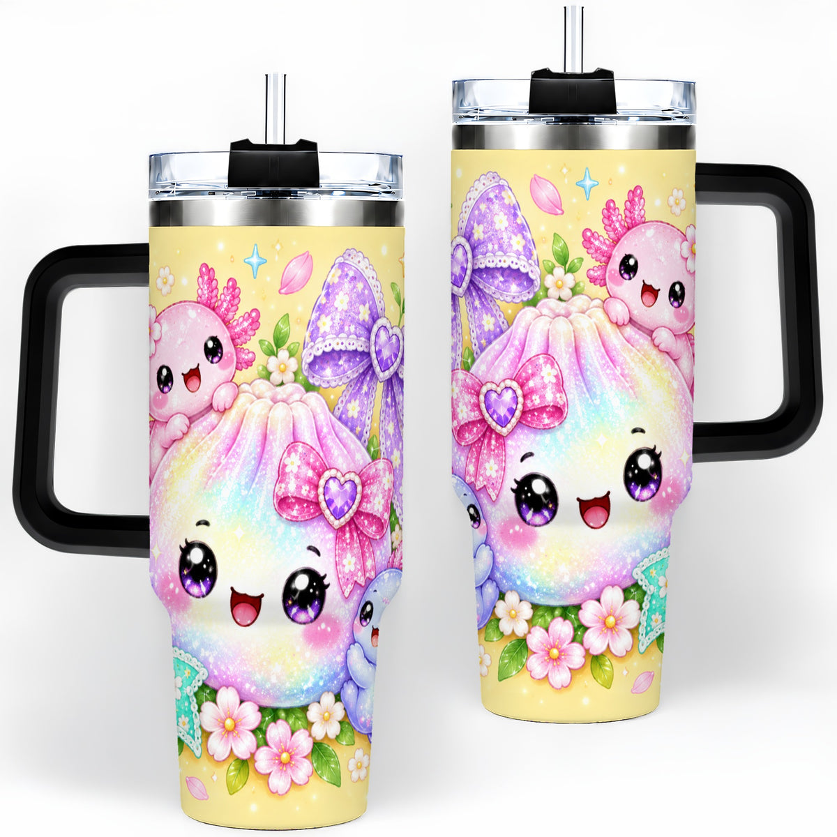 #pl[40oz|Black] Kawaii Axolotl 40oz Stainless Steel Tumbler, Colorful Floral Design