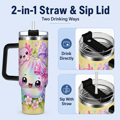 #pl[40oz|Black] Kawaii Axolotl 40oz Stainless Steel Tumbler, Colorful Floral Design