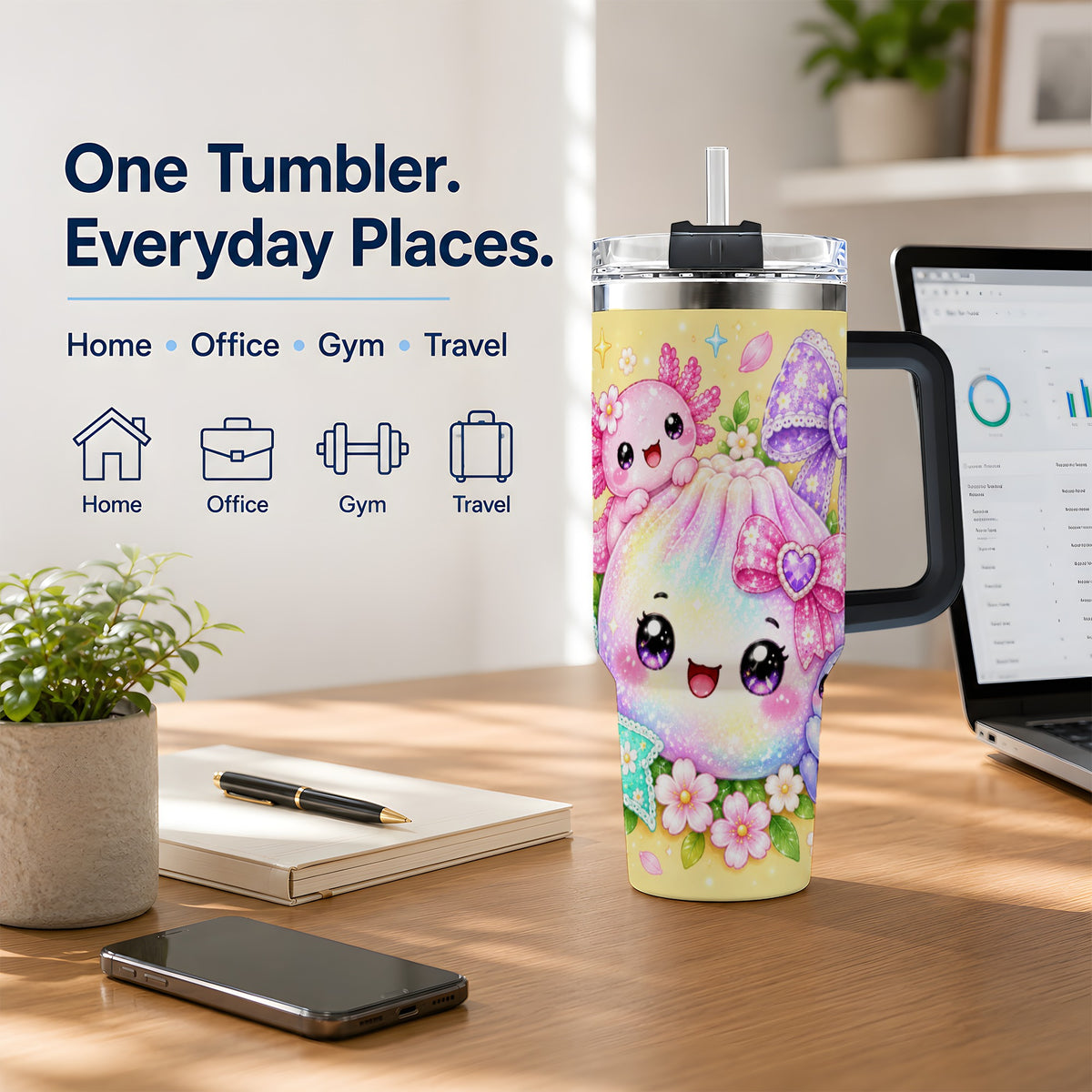 #pl[40oz|Black] Kawaii Axolotl 40oz Stainless Steel Tumbler, Colorful Floral Design