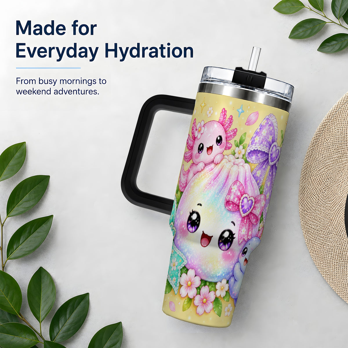 #pl[40oz|Black] Kawaii Axolotl 40oz Stainless Steel Tumbler, Colorful Floral Design