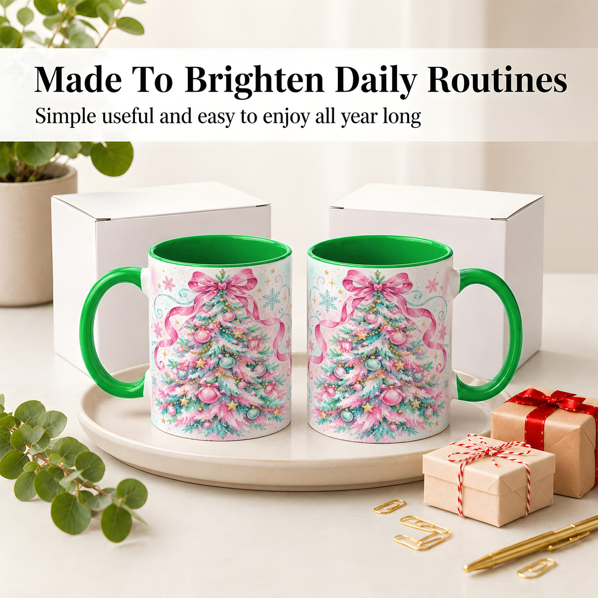 #pl[11oz|Green] Pastel Christmas Tree Ceramic Mug, Pink Bow and Snowflake Artwork