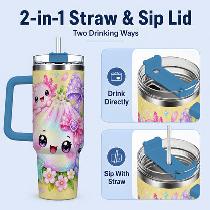 #pl[40oz|Blue] Kawaii Axolotl 40oz Stainless Steel Tumbler, Colorful Floral Design