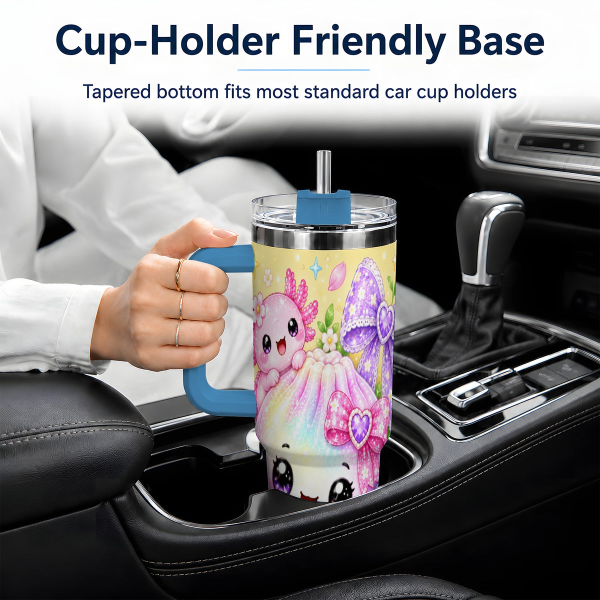 #pl[40oz|Blue] Kawaii Axolotl 40oz Stainless Steel Tumbler, Colorful Floral Design