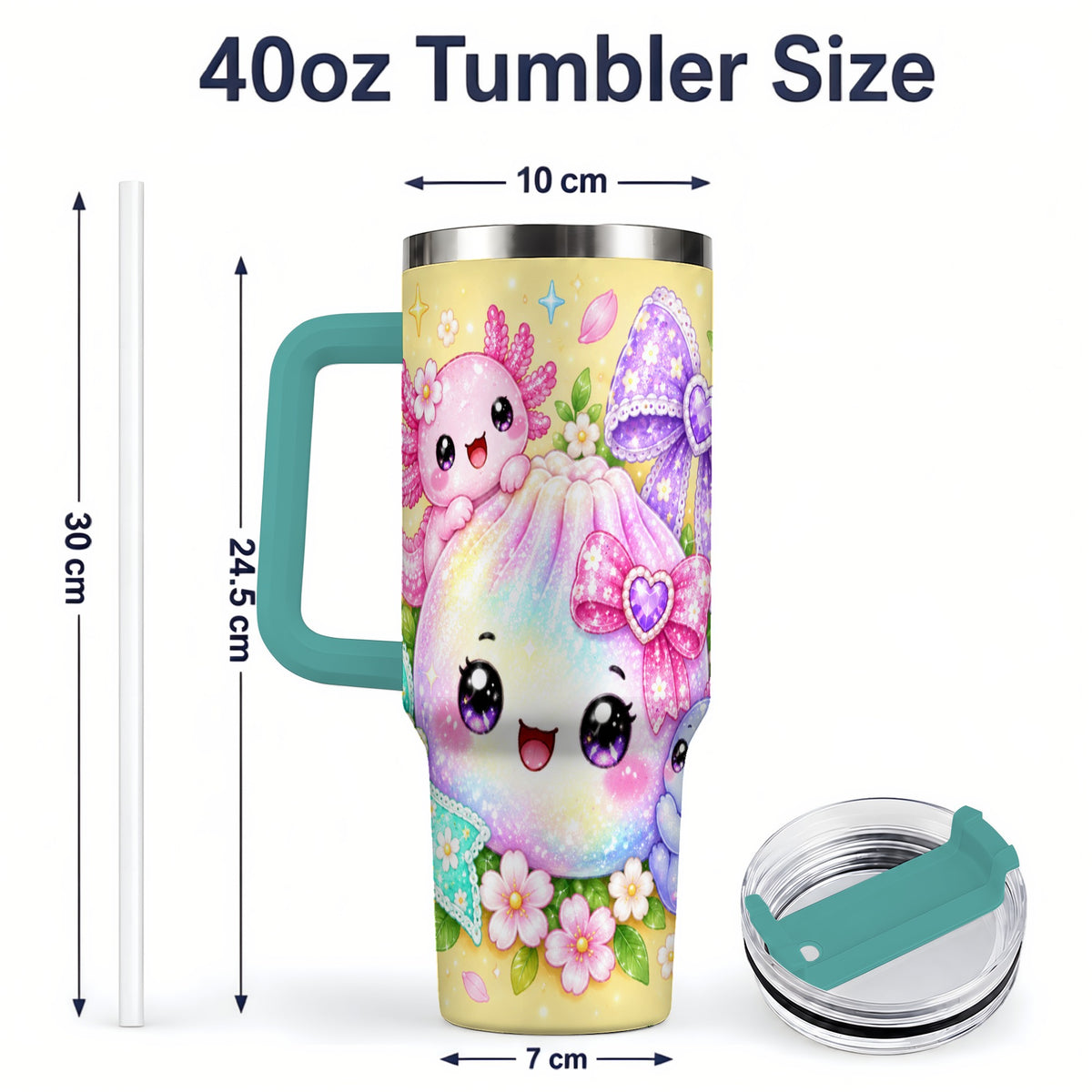 #pl[40oz|Green] Kawaii Axolotl 40oz Stainless Steel Tumbler, Colorful Floral Design