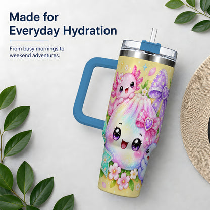 #pl[40oz|Blue] Kawaii Axolotl 40oz Stainless Steel Tumbler, Colorful Floral Design