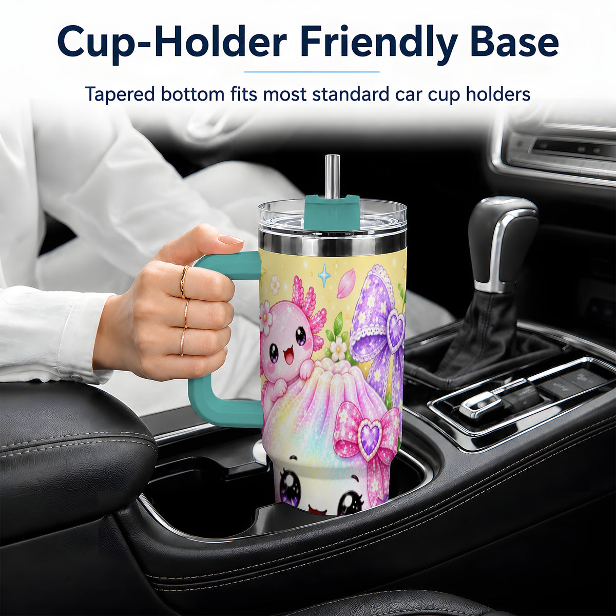 #pl[40oz|Green] Kawaii Axolotl 40oz Stainless Steel Tumbler, Colorful Floral Design