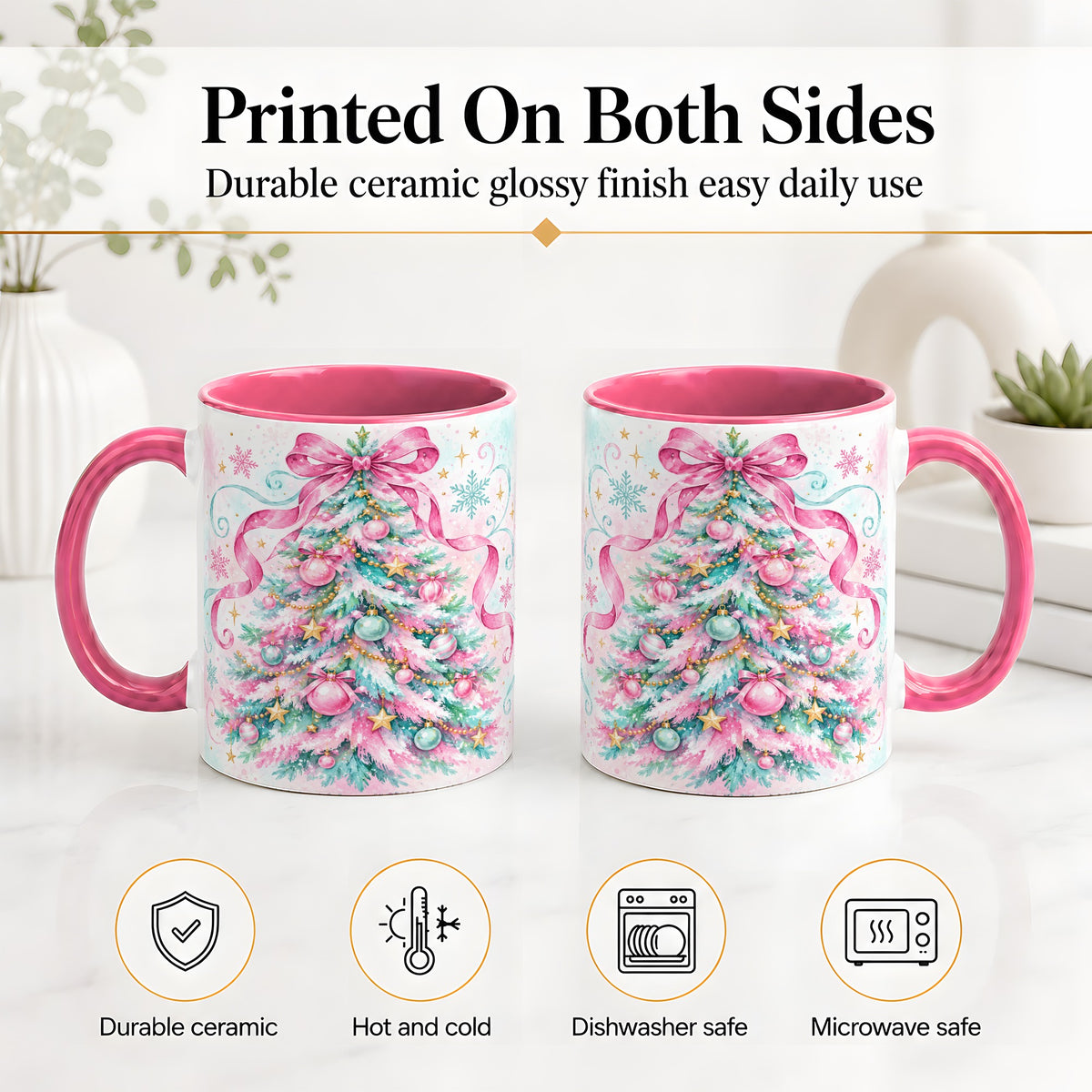 #pl[11oz|Pink] Pastel Christmas Tree Ceramic Mug, Pink Bow and Snowflake Artwork