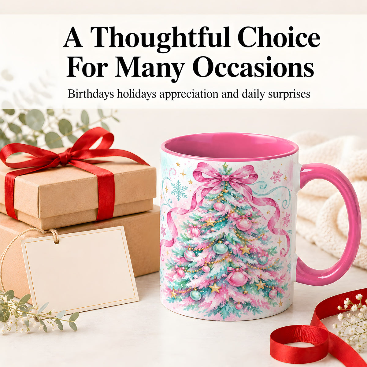 #pl[11oz|Pink] Pastel Christmas Tree Ceramic Mug, Pink Bow and Snowflake Artwork