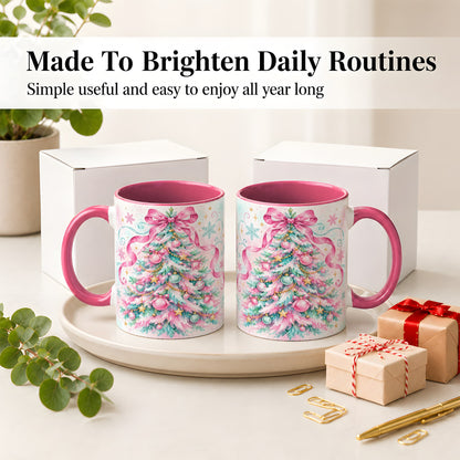 #pl[11oz|Pink] Pastel Christmas Tree Ceramic Mug, Pink Bow and Snowflake Artwork