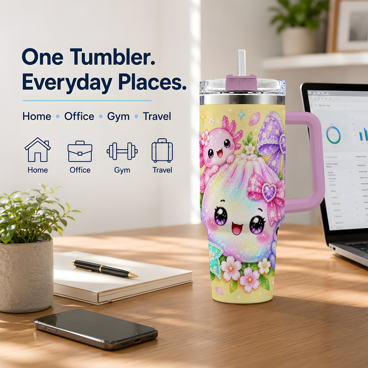 #pl[40oz|Pink] Kawaii Axolotl 40oz Stainless Steel Tumbler, Colorful Floral Design