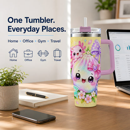 #pl[40oz|Pink] Kawaii Axolotl 40oz Stainless Steel Tumbler, Colorful Floral Design