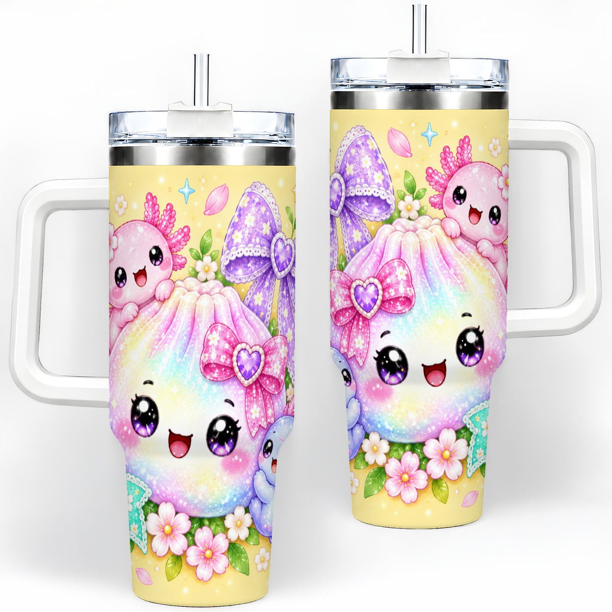Kawaii Axolotl 40oz Stainless Steel Tumbler, Colorful Floral Design