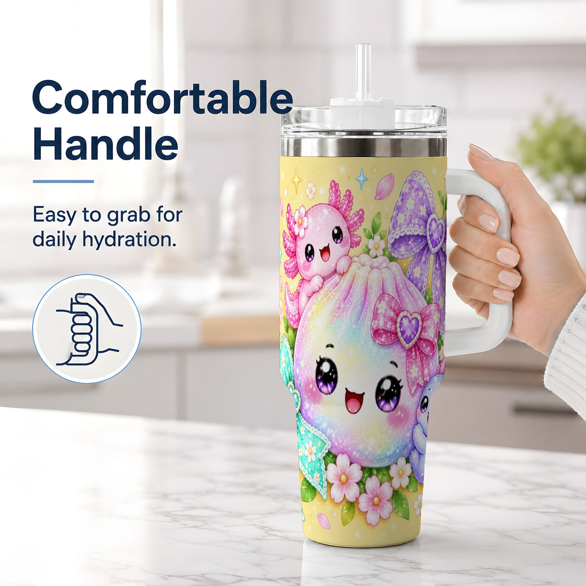 #pl[40oz|White] Kawaii Axolotl 40oz Stainless Steel Tumbler, Colorful Floral Design