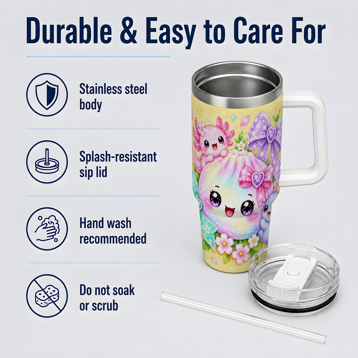 #pl[40oz|White] Kawaii Axolotl 40oz Stainless Steel Tumbler, Colorful Floral Design