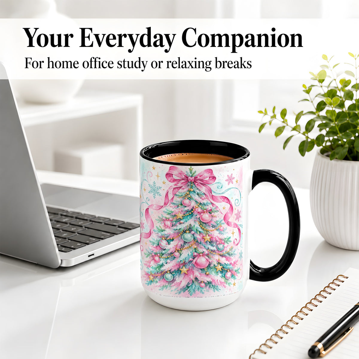 #pl[15oz|Black] Pastel Christmas Tree Ceramic Mug, Pink Bow and Snowflake Artwork