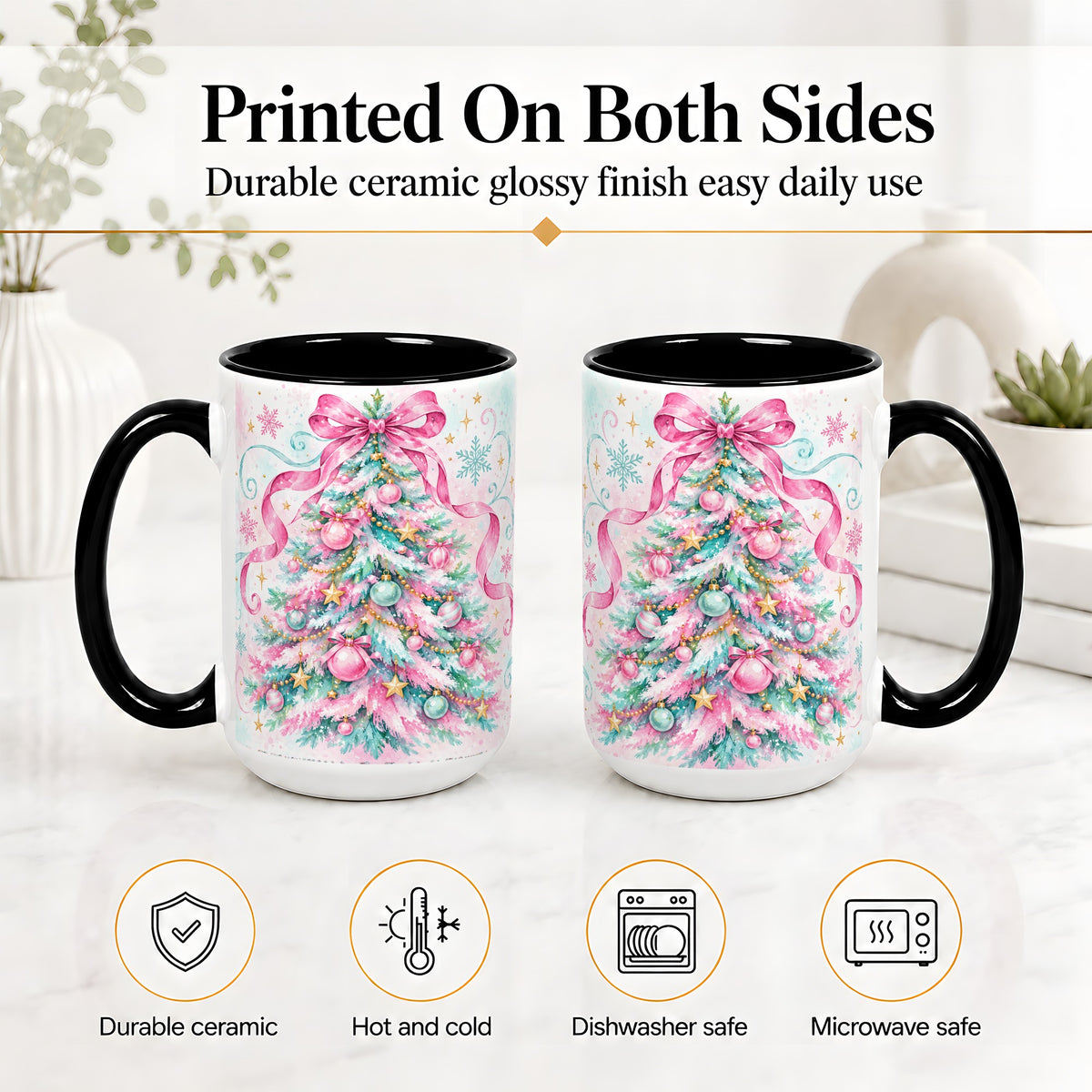#pl[15oz|Black] Pastel Christmas Tree Ceramic Mug, Pink Bow and Snowflake Artwork