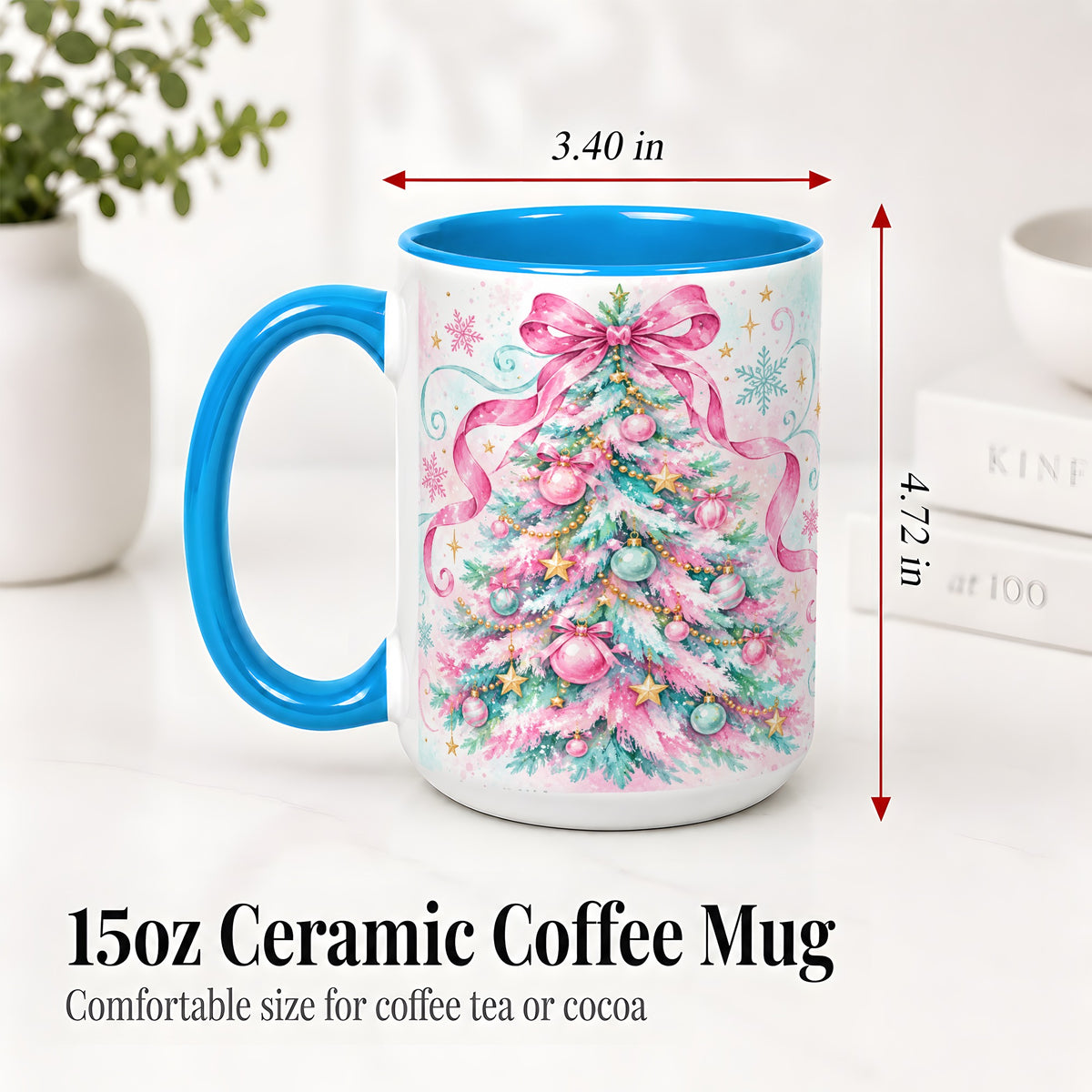 #pl[15oz|Blue] Pastel Christmas Tree Ceramic Mug, Pink Bow and Snowflake Artwork