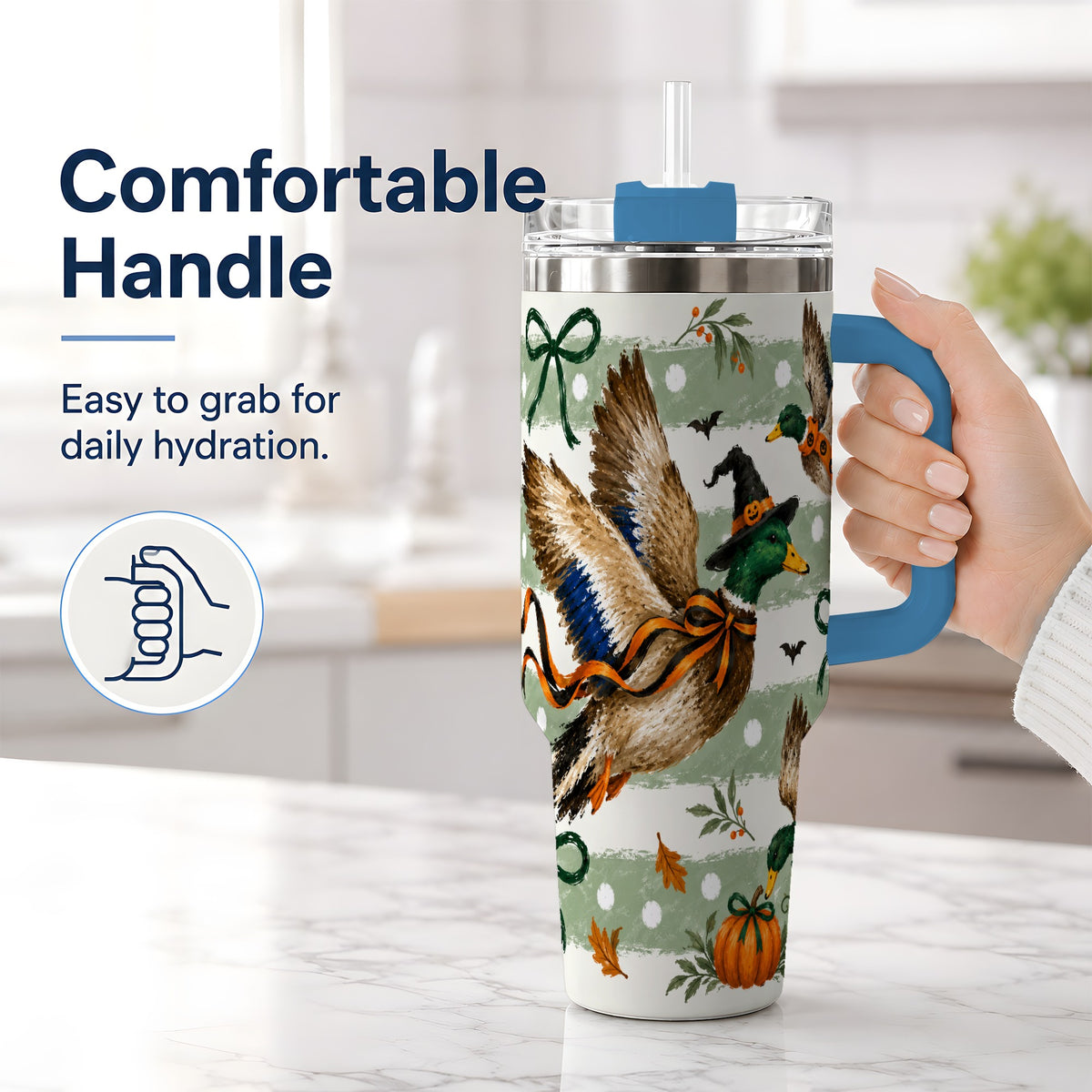 #pl[40oz|Blue] Halloween Mallard Duck 40oz Stainless Steel Tumbler, Pumpkin Design