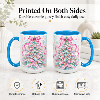 #pl[15oz|Blue] Pastel Christmas Tree Ceramic Mug, Pink Bow and Snowflake Artwork