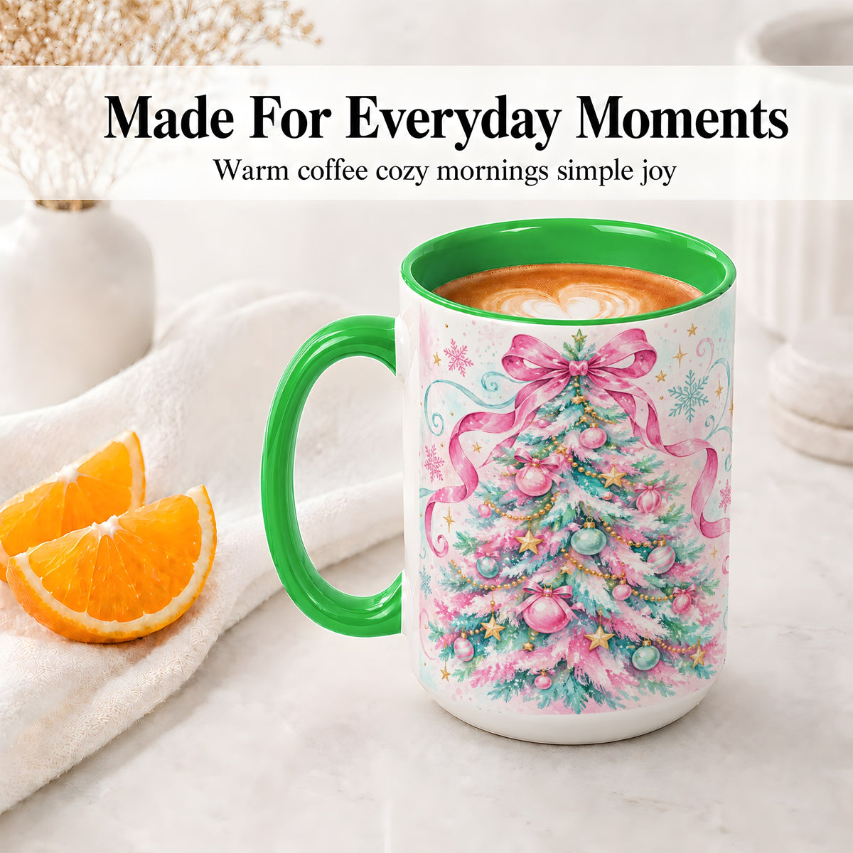 #pl[15oz|Green] Pastel Christmas Tree Ceramic Mug, Pink Bow and Snowflake Artwork