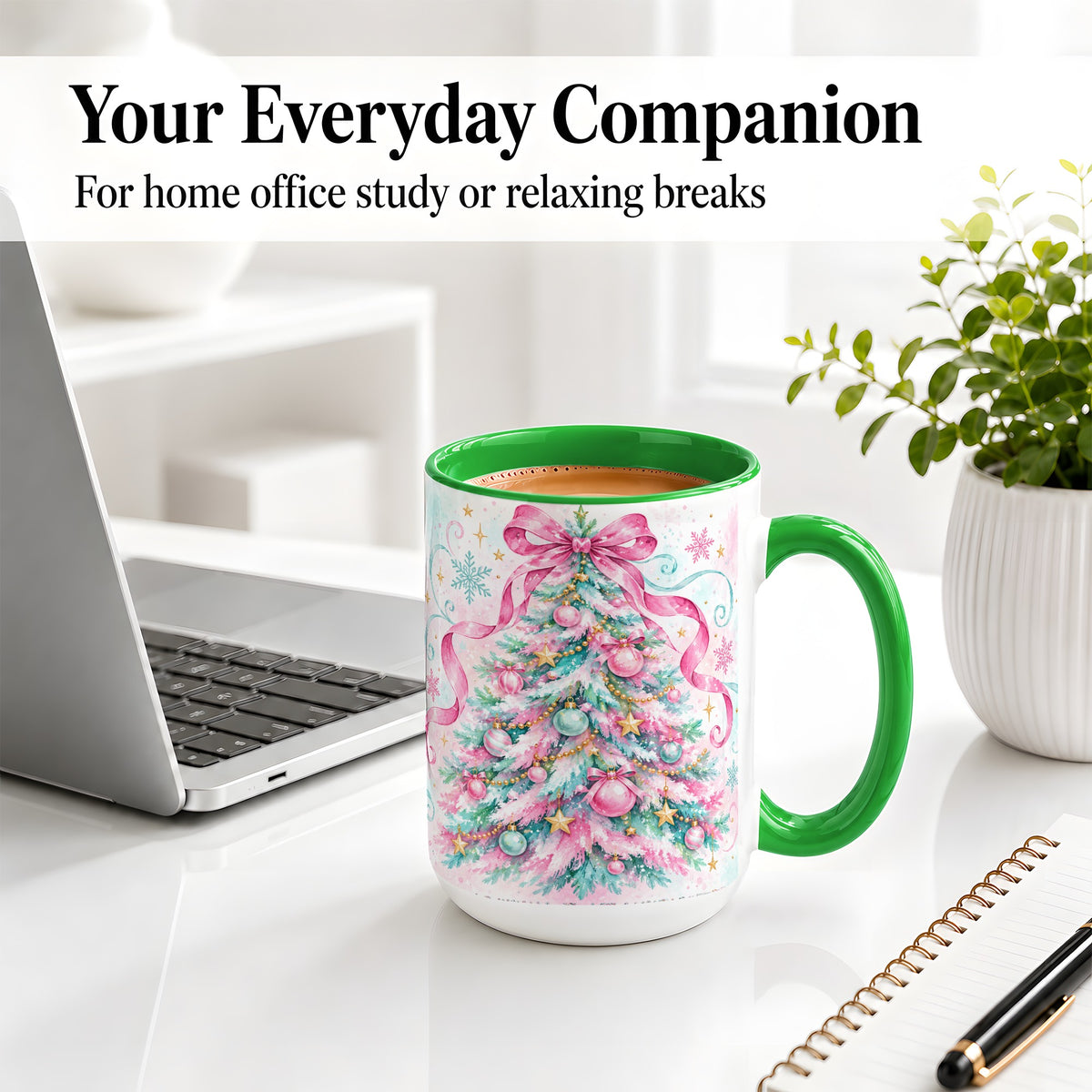 #pl[15oz|Green] Pastel Christmas Tree Ceramic Mug, Pink Bow and Snowflake Artwork