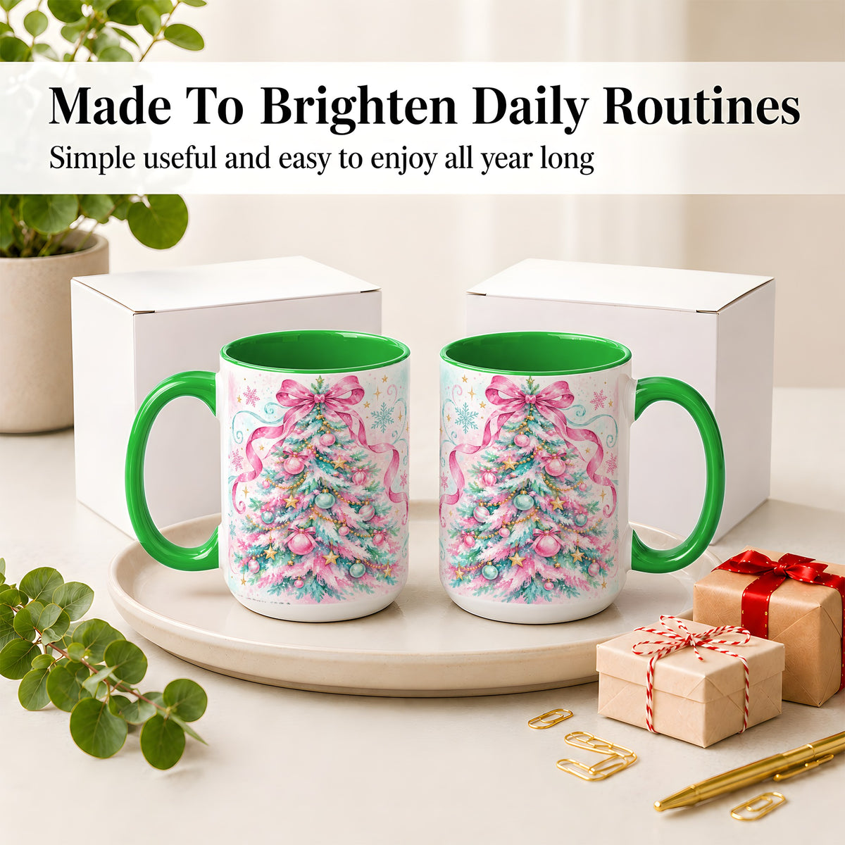 #pl[15oz|Green] Pastel Christmas Tree Ceramic Mug, Pink Bow and Snowflake Artwork