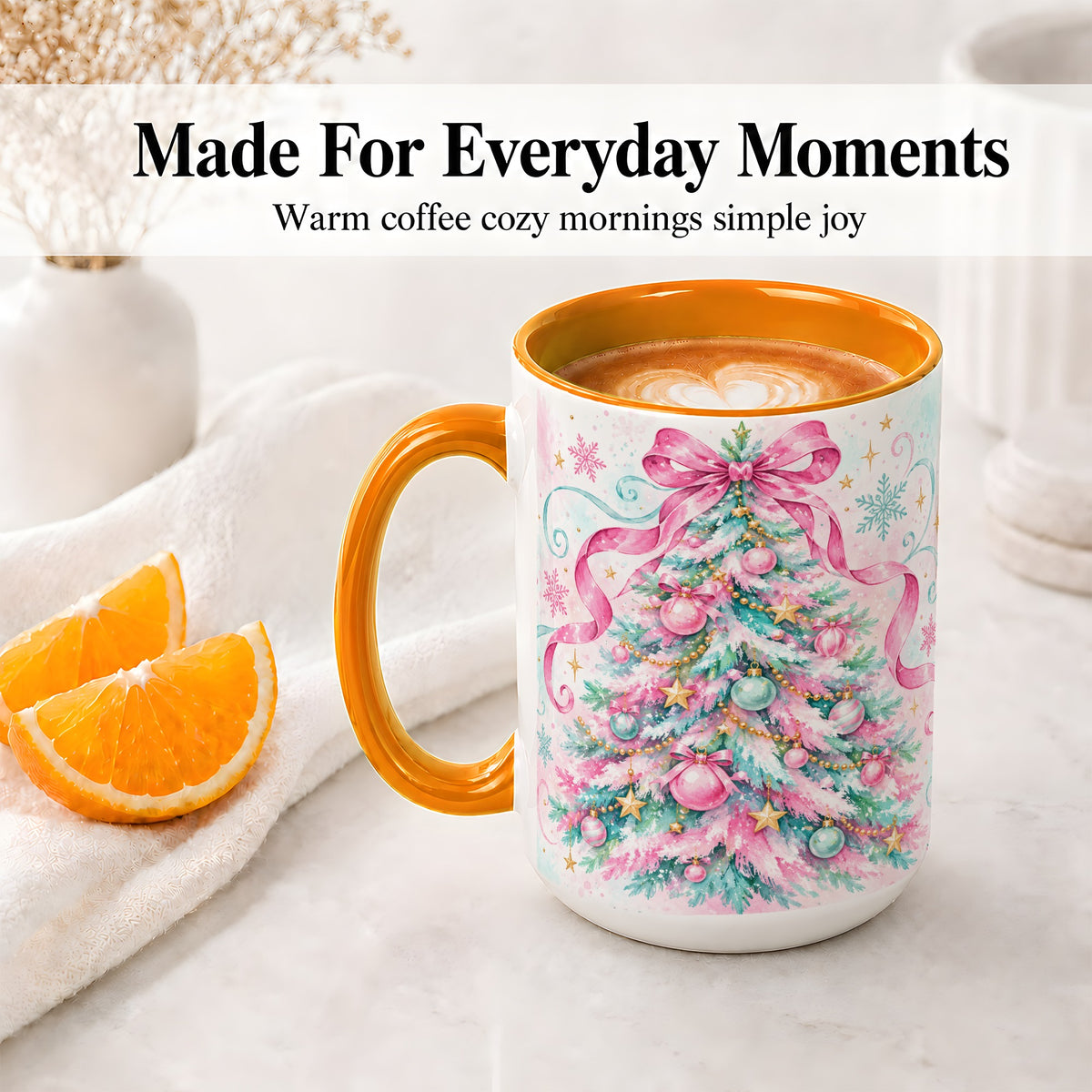 #pl[15oz|Orange] Pastel Christmas Tree Ceramic Mug, Pink Bow and Snowflake Artwork