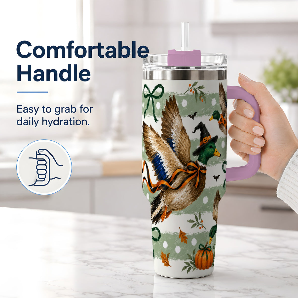 #pl[40oz|Pink] Halloween Mallard Duck 40oz Stainless Steel Tumbler, Pumpkin Design