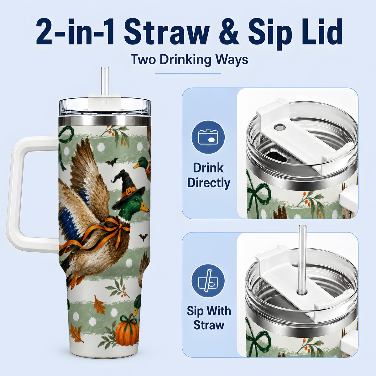 #pl[40oz|White] Halloween Mallard Duck 40oz Stainless Steel Tumbler, Pumpkin Design