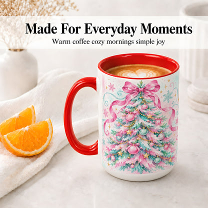 #pl[15oz|Red] Pastel Christmas Tree Ceramic Mug, Pink Bow and Snowflake Artwork