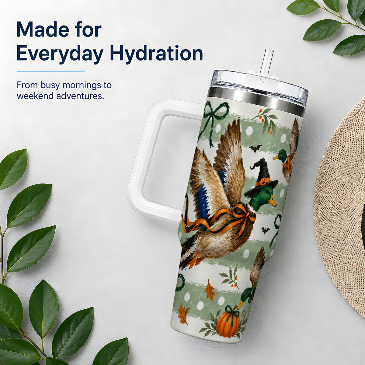 #pl[40oz|White] Halloween Mallard Duck 40oz Stainless Steel Tumbler, Pumpkin Design