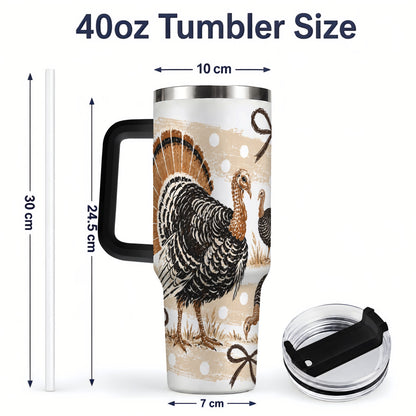 #pl[40oz|Black] Thanksgiving Turkey 40oz Stainless Steel Tumbler, Polka Dot Bow Design