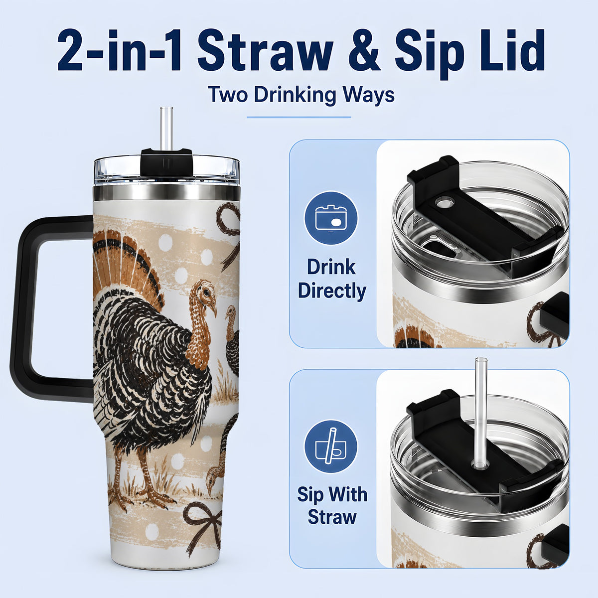 #pl[40oz|Black] Thanksgiving Turkey 40oz Stainless Steel Tumbler, Polka Dot Bow Design