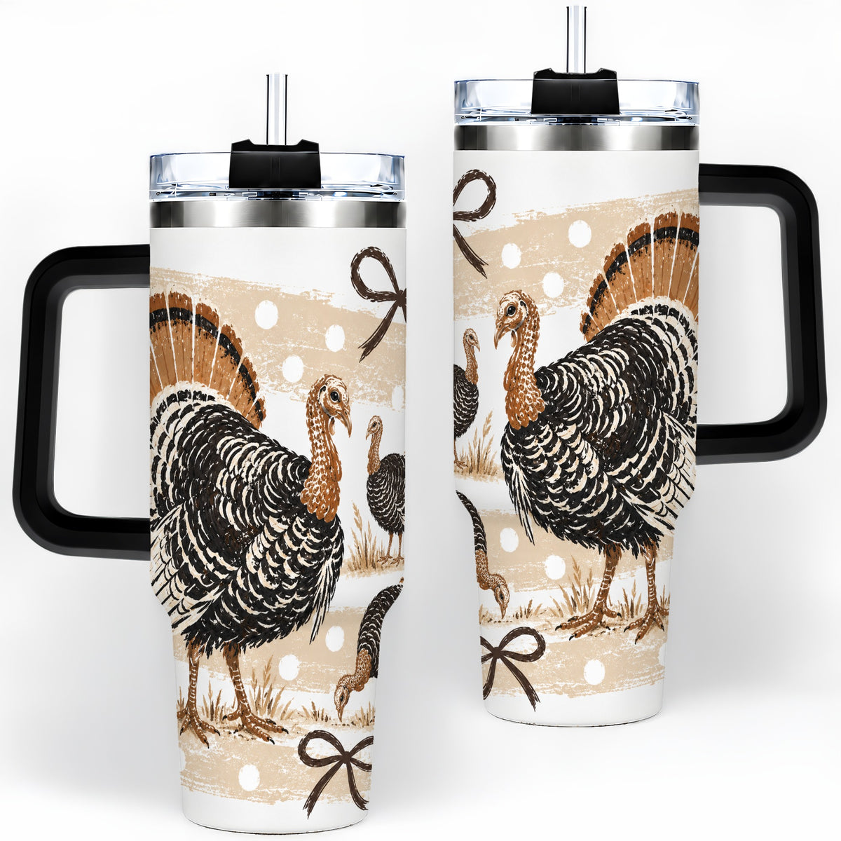 #pl[40oz|Black] Thanksgiving Turkey 40oz Stainless Steel Tumbler, Polka Dot Bow Design