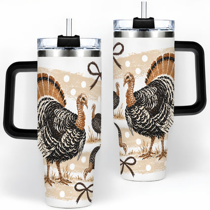 #pl[40oz|Black] Thanksgiving Turkey 40oz Stainless Steel Tumbler, Polka Dot Bow Design