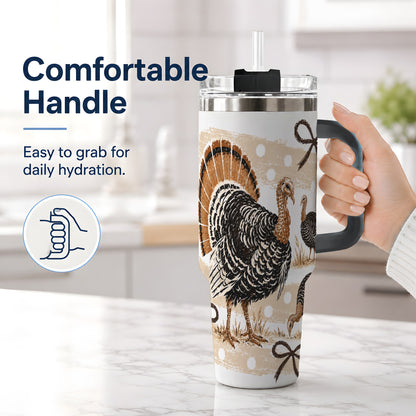 #pl[40oz|Black] Thanksgiving Turkey 40oz Stainless Steel Tumbler, Polka Dot Bow Design