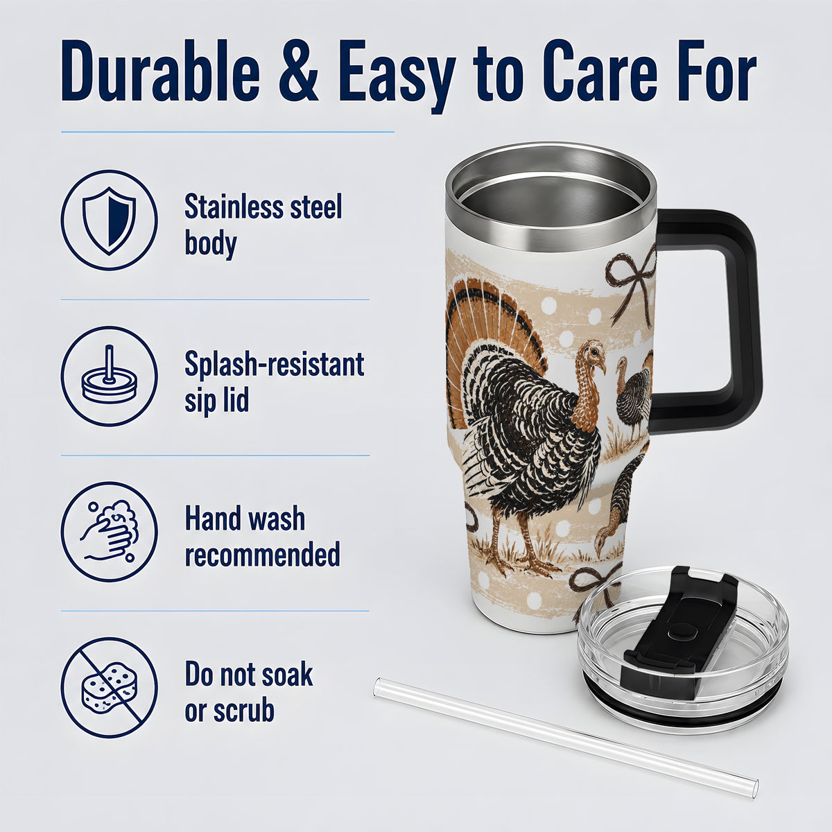 #pl[40oz|Black] Thanksgiving Turkey 40oz Stainless Steel Tumbler, Polka Dot Bow Design