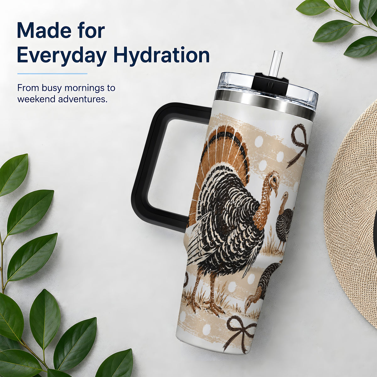 #pl[40oz|Black] Thanksgiving Turkey 40oz Stainless Steel Tumbler, Polka Dot Bow Design